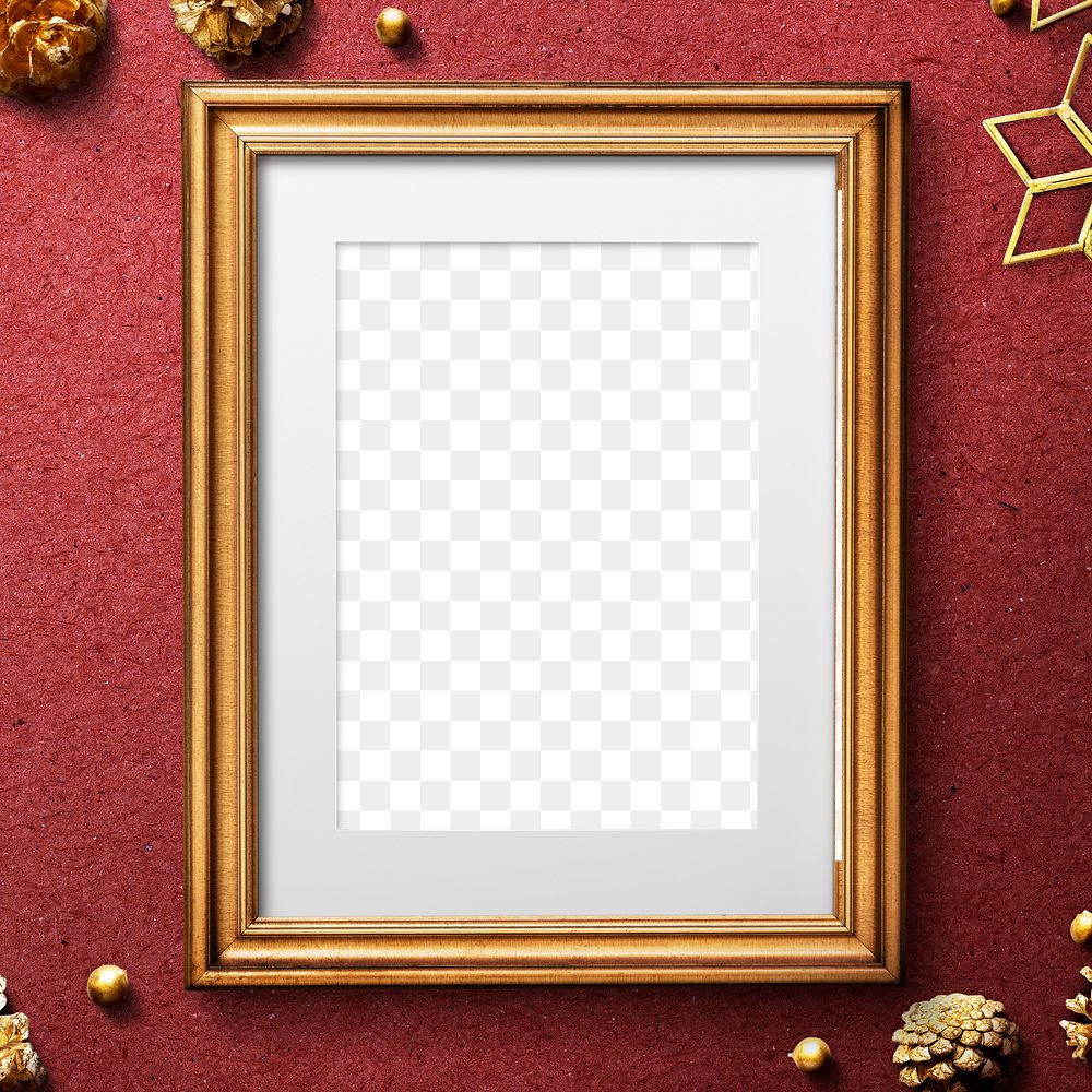 Golden Christmas picture frame mockup on a red background 