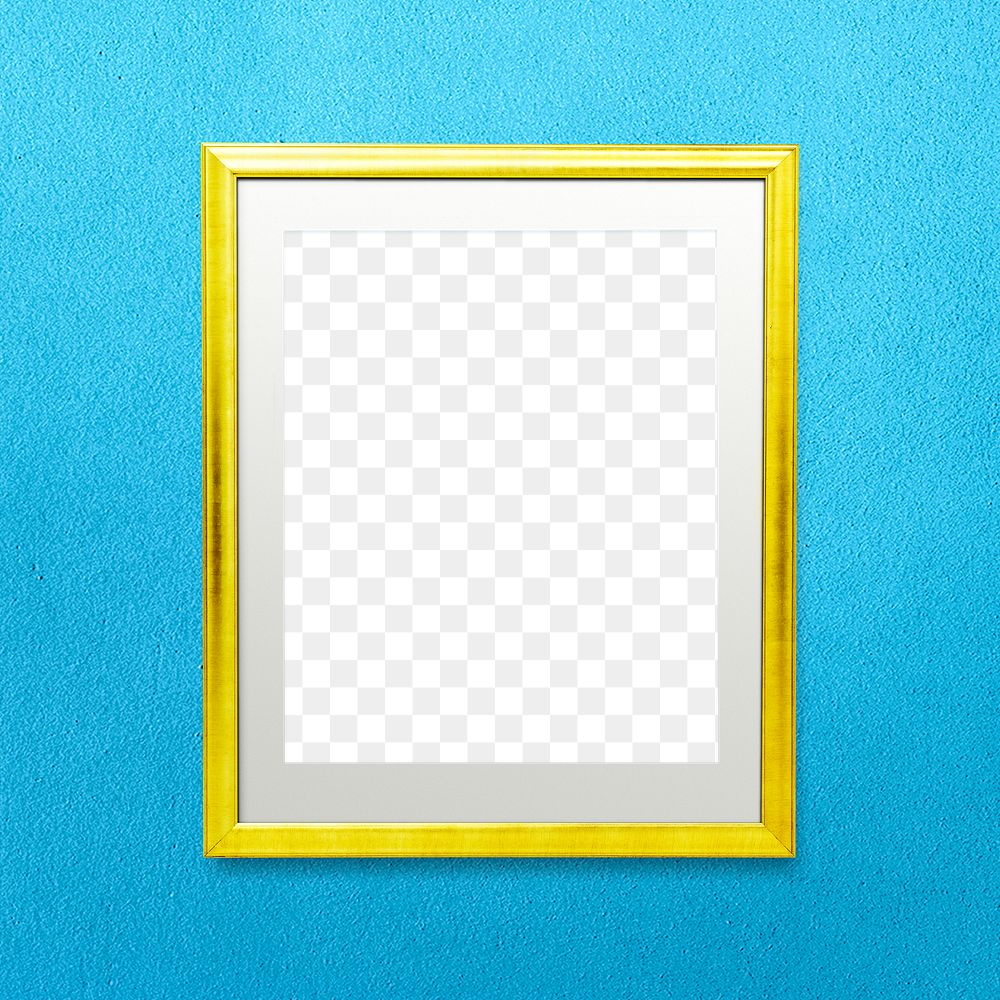 Shiny yellow picture frame mockup hanging on a blue wall 