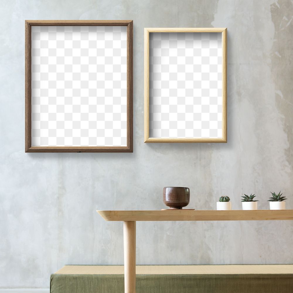 Wooden frame mockups on a wall by mini cactuses