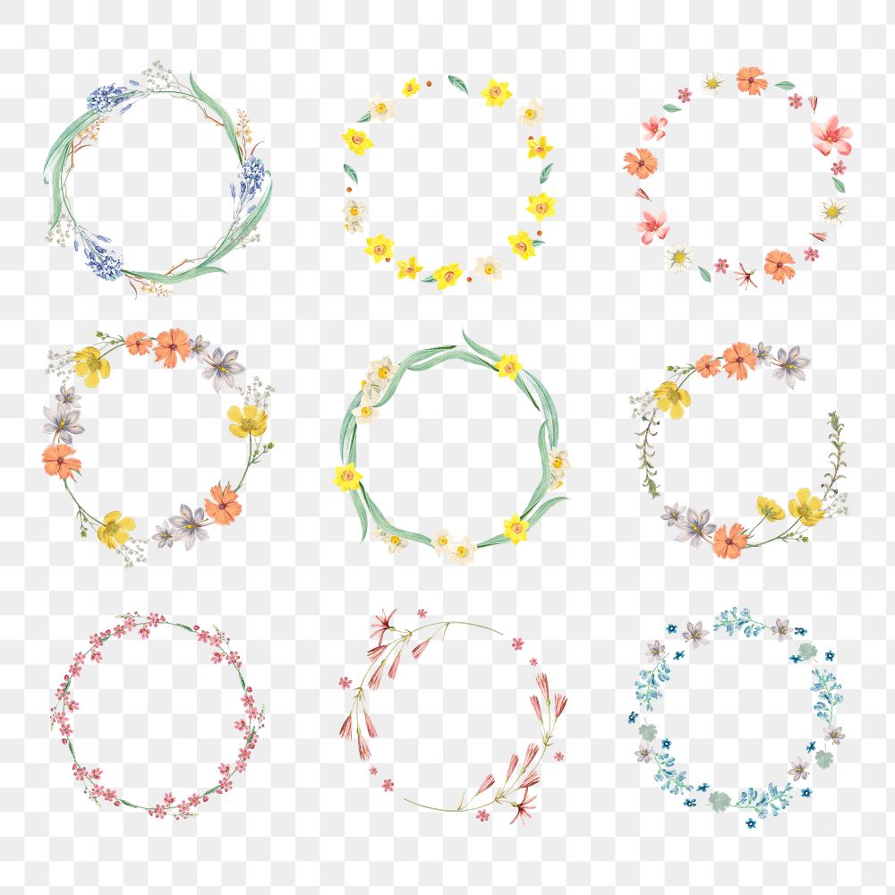 Round flowers frame mixed set transparent png