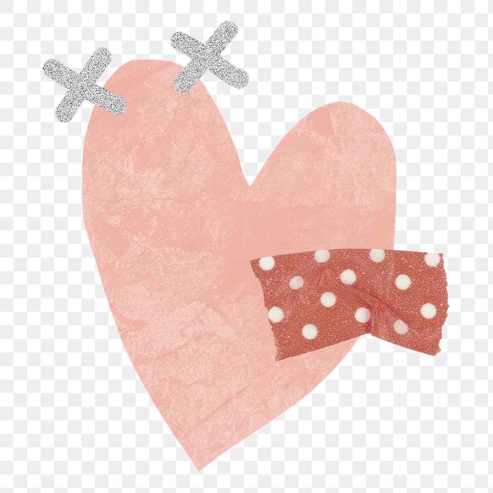 Pink heart with a polka dots tape design element transparent png