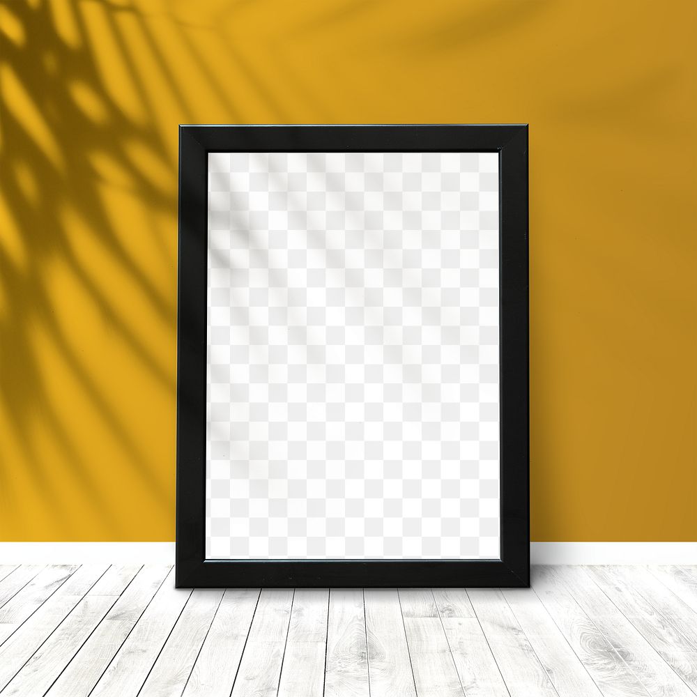 Black picture frame mockup against a yellow wall