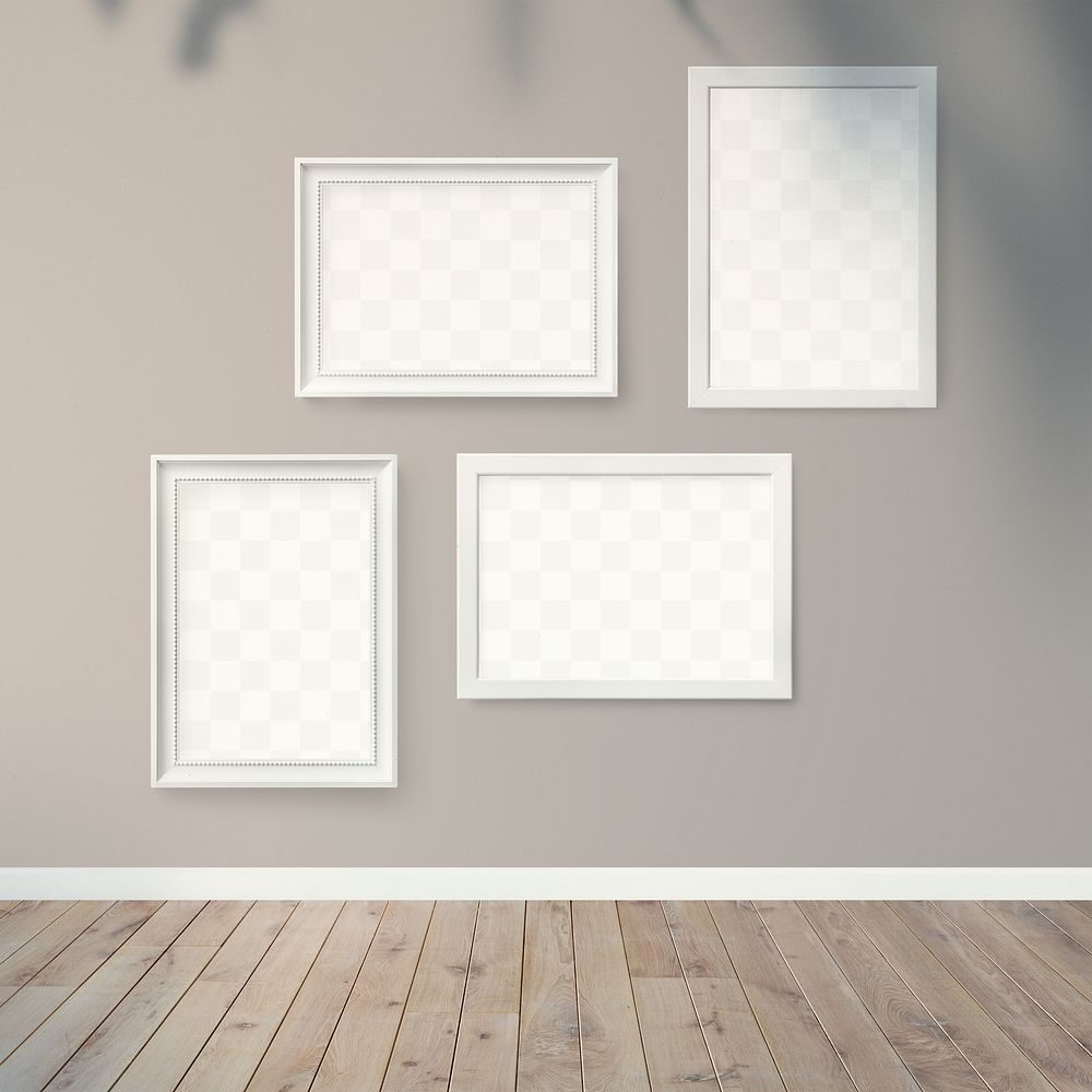 White picture frame mockups hanging on a brown wall