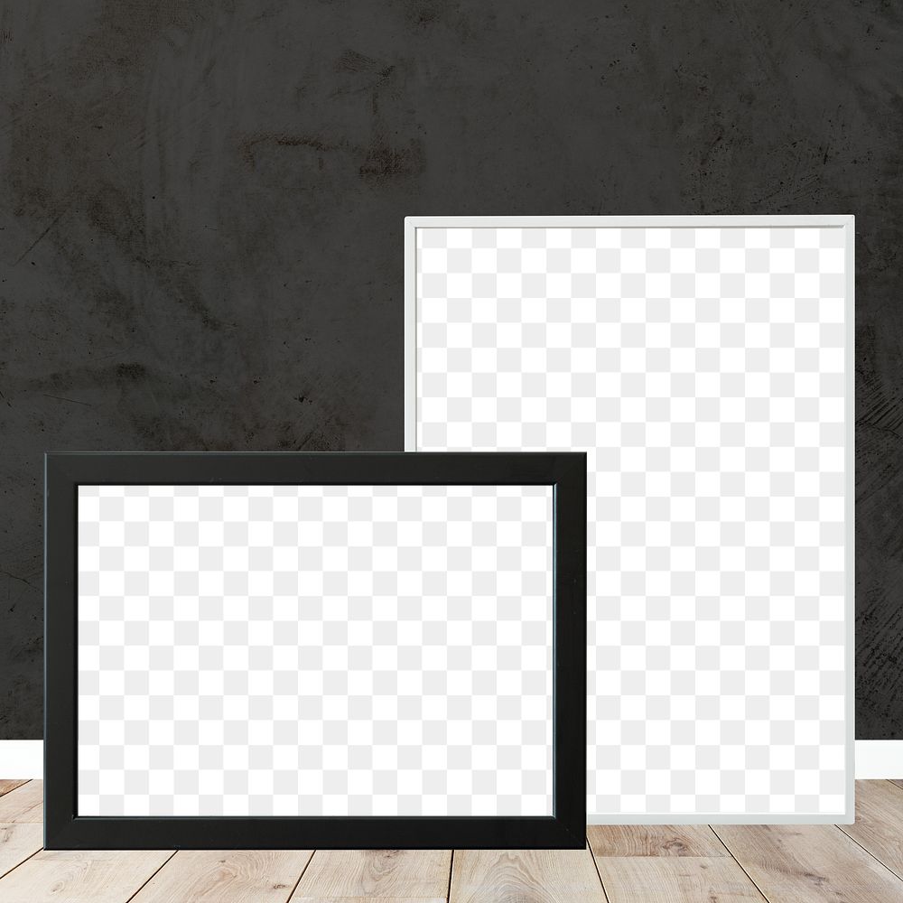 Black and white picture frame mockups against a black wall