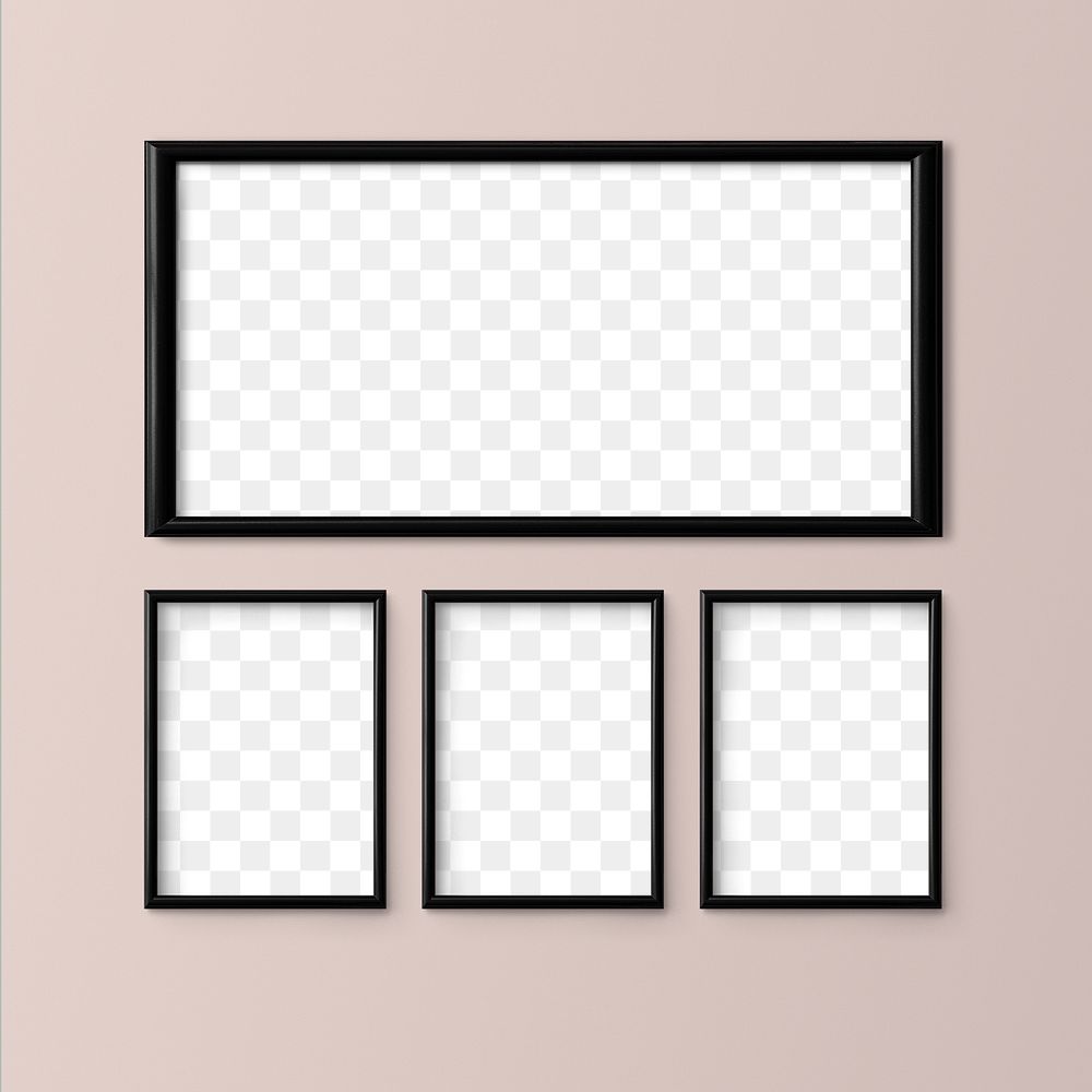Black picture frame mockups hanging on a pink wall