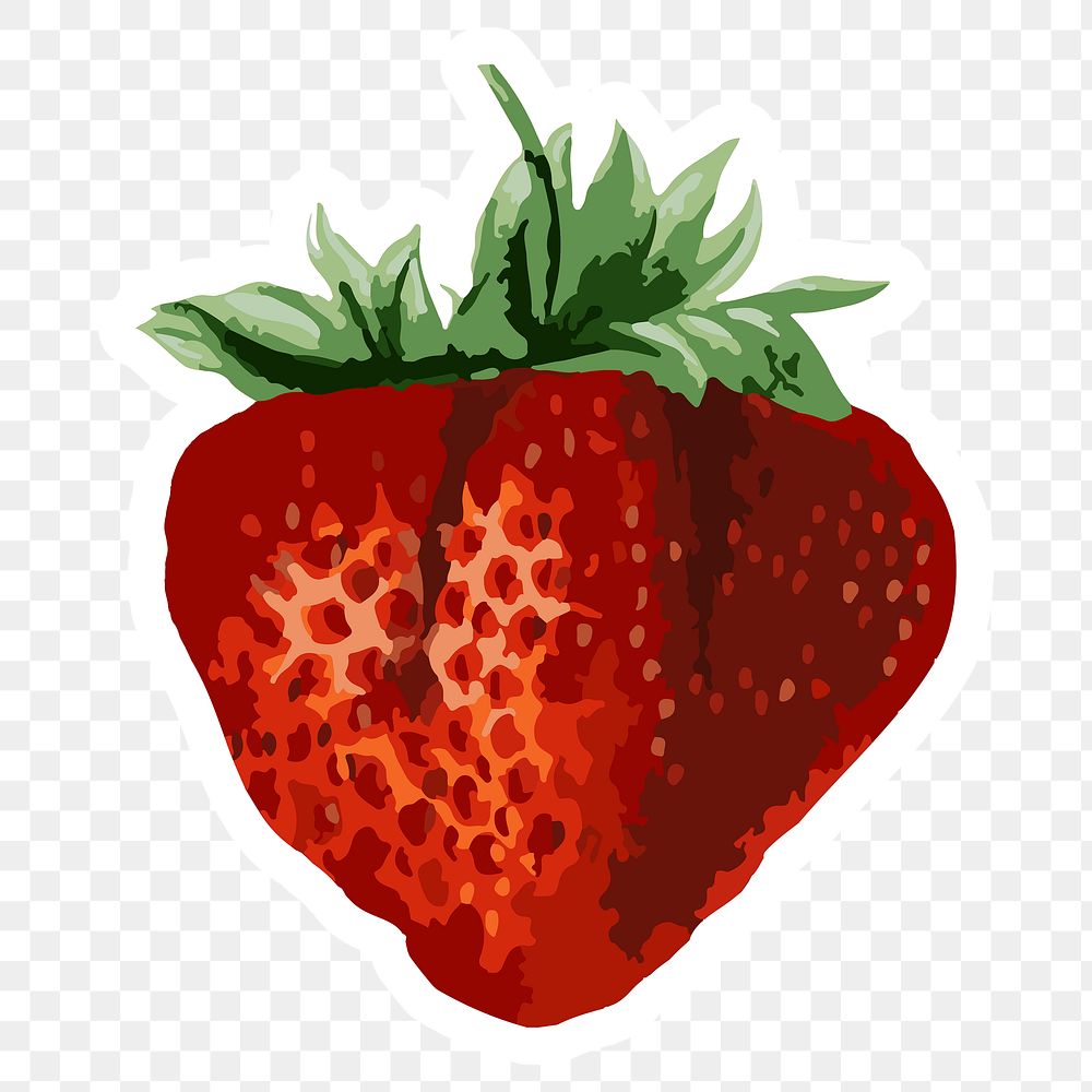 Vectorized strawberry fruit sticker overlay with a white border design element