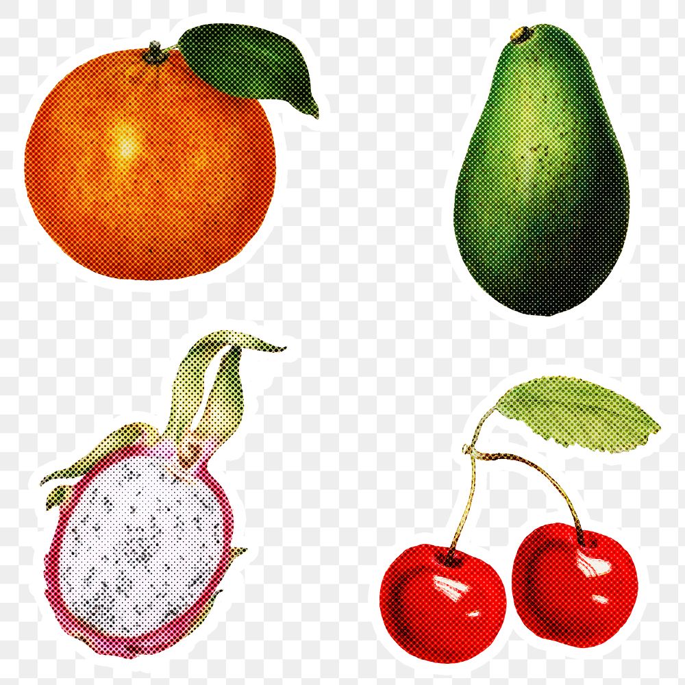 Halftone tropical fruit sticker set  with a white border