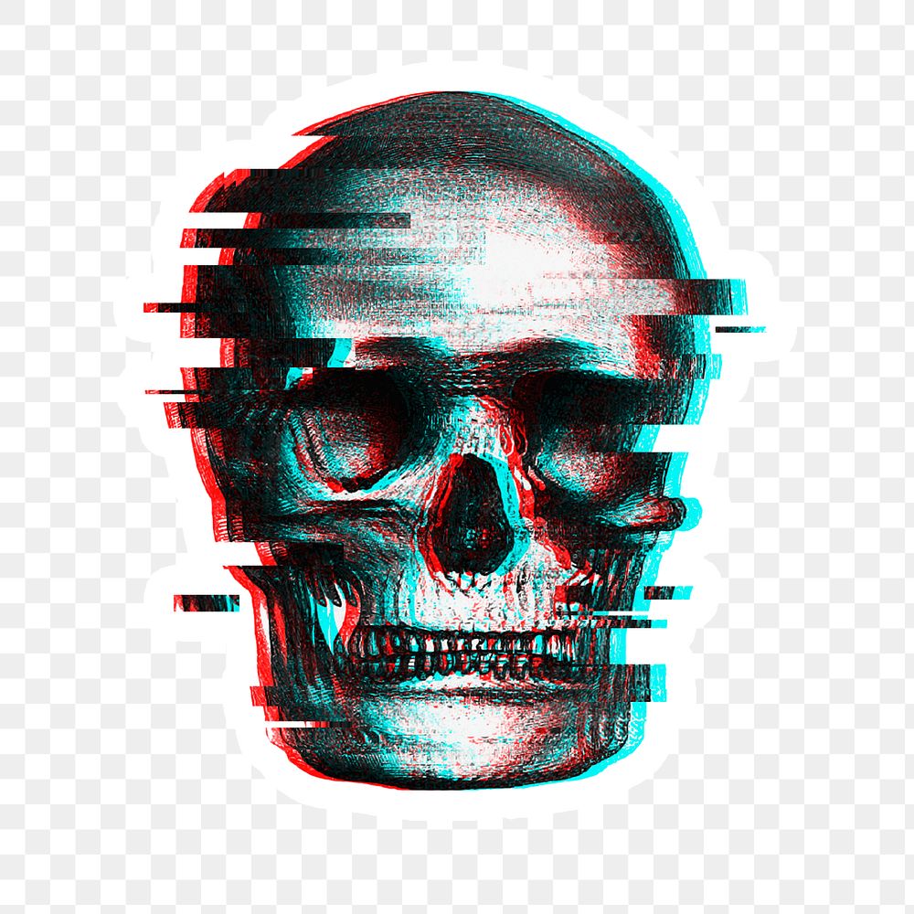 Skull with glitch effect sticker with white border overlay