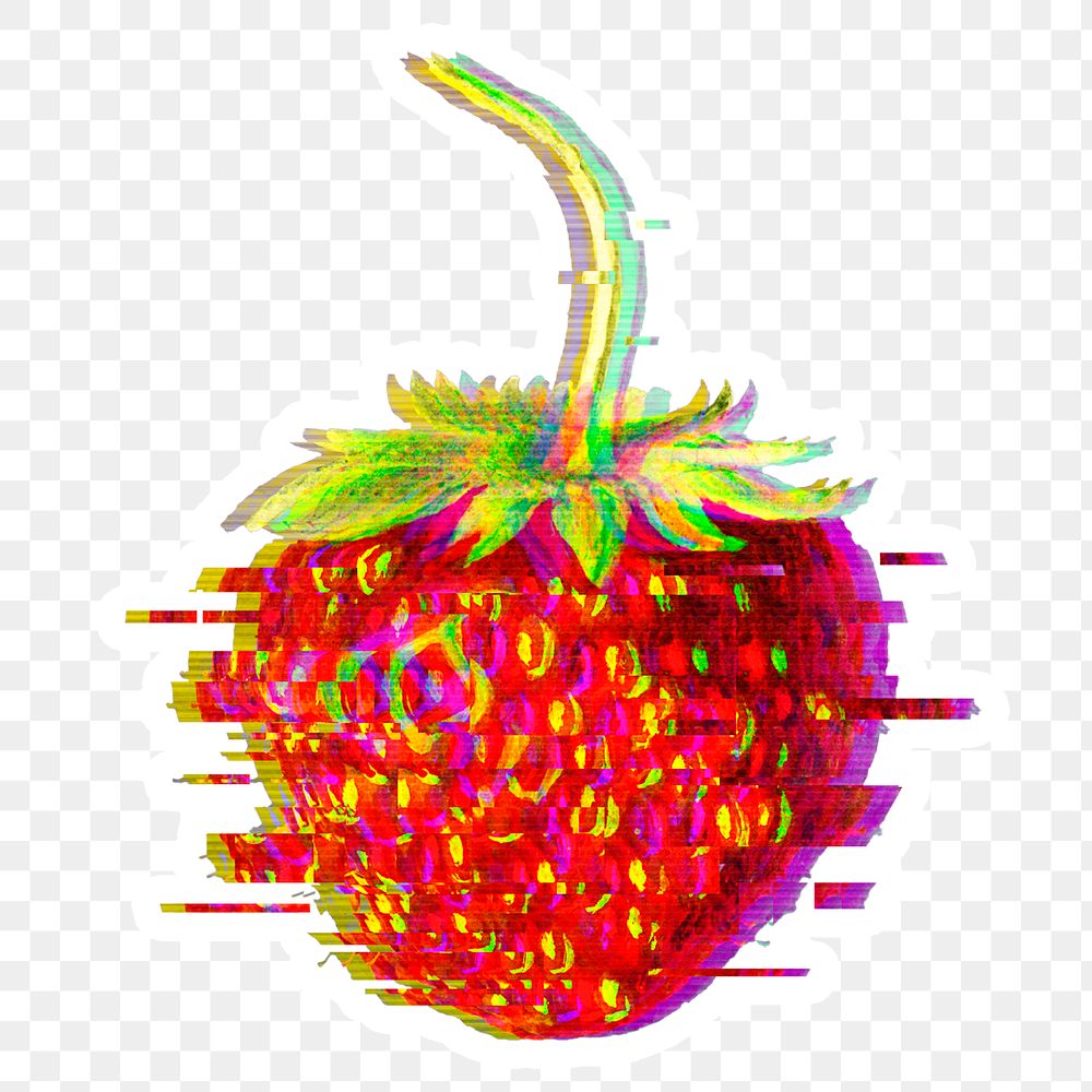Strawberry with glitch effect sticker with white border overlay