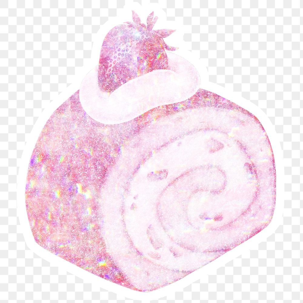 Pink holographic strawberry cake roll sticker with white border