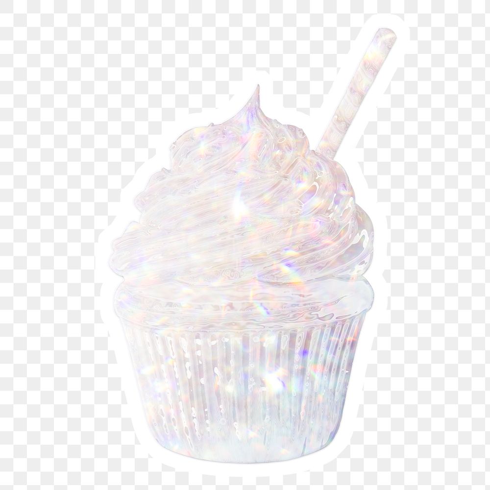 Silvery holographic cupcake sticker with a white border