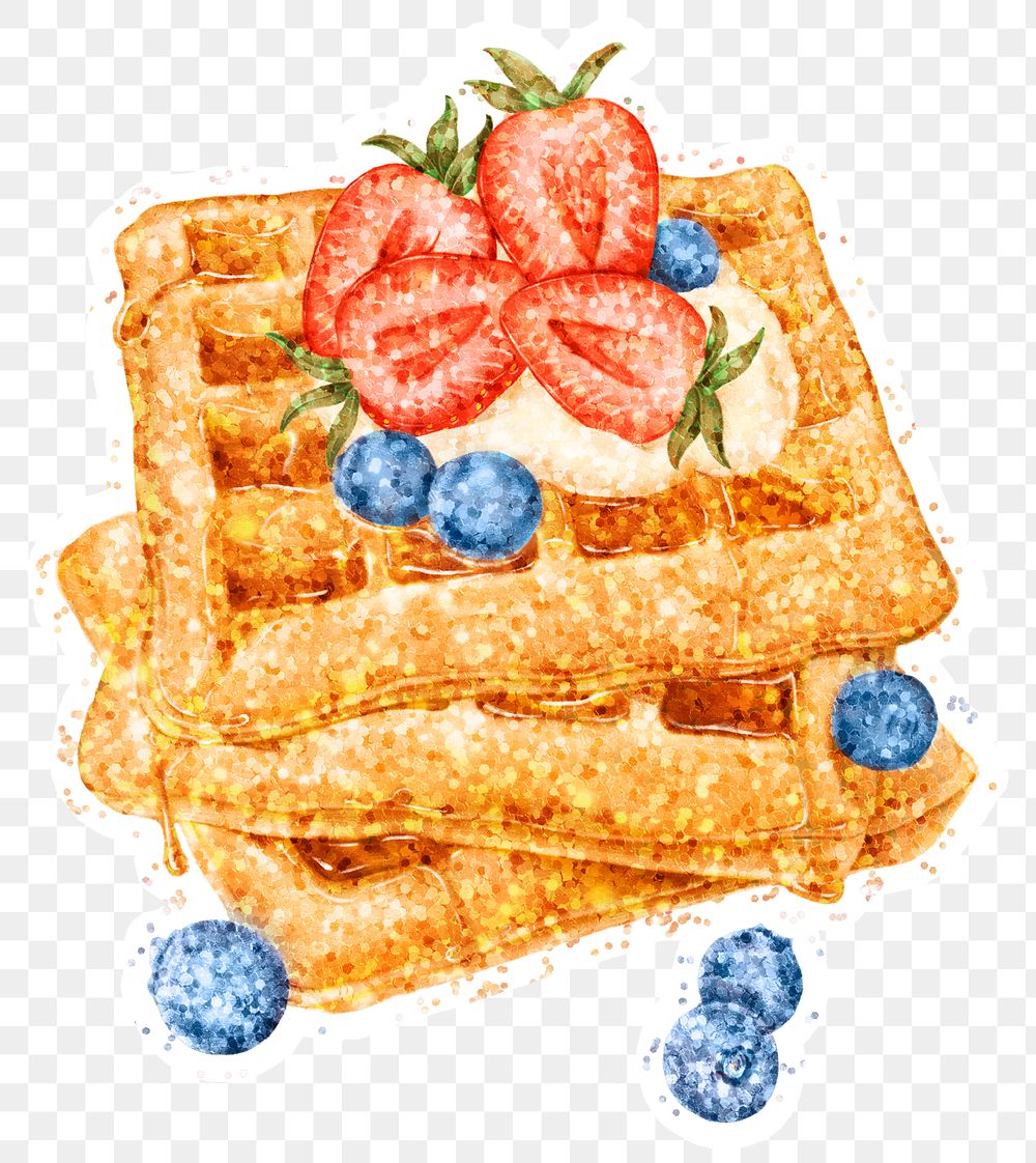 Glittery waffles topped with berries sticker overlay with a white border design element