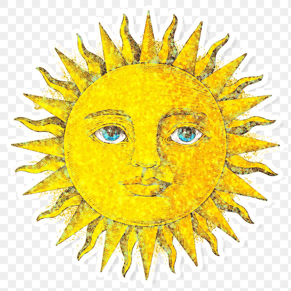 Glittery sun with a face sticker overlay with a white border design element