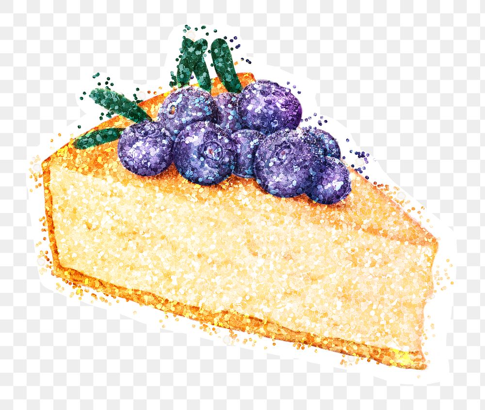 Glittery sliced blueberry cheesecake sticker overlay with a white border design element