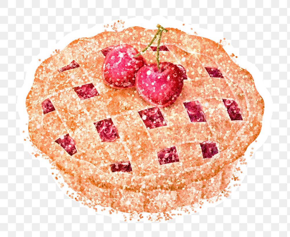 Glittery cherry pie sticker overlay with a white border design element