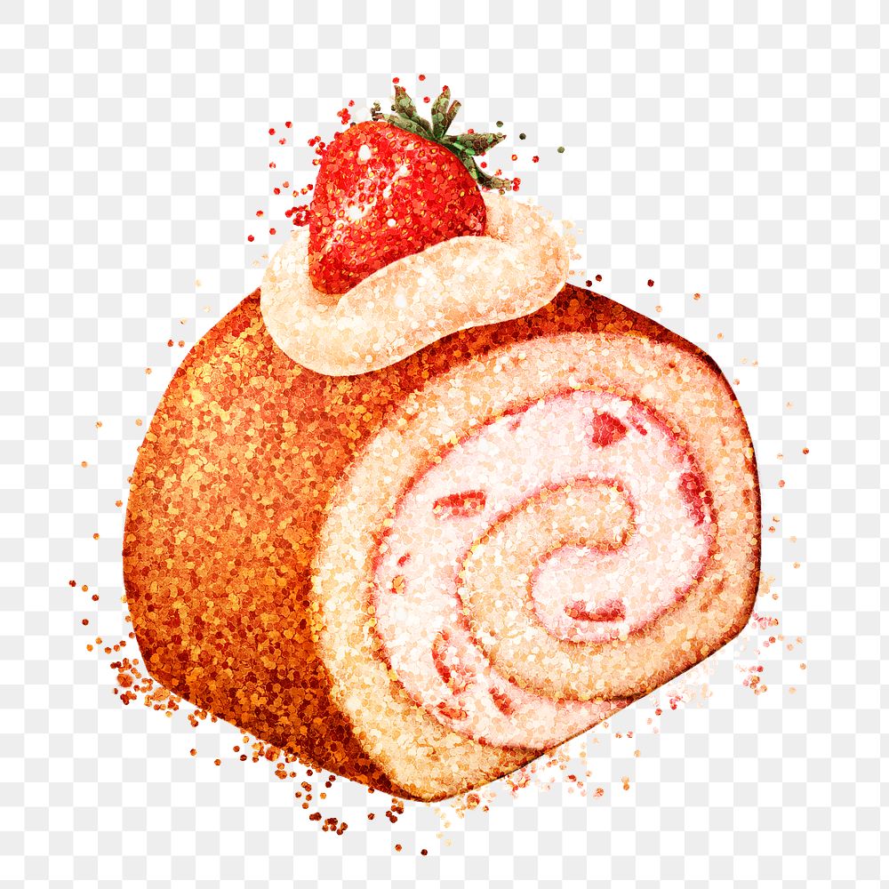 Glittery strawberry swiss roll cake sticker overlay design element 