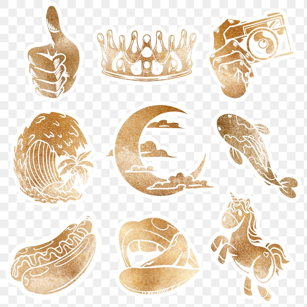 Shimmering golden cartoon sticker collection design resource