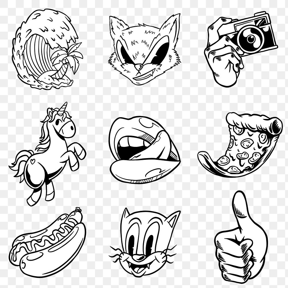 Cool black and white sticker set design resources