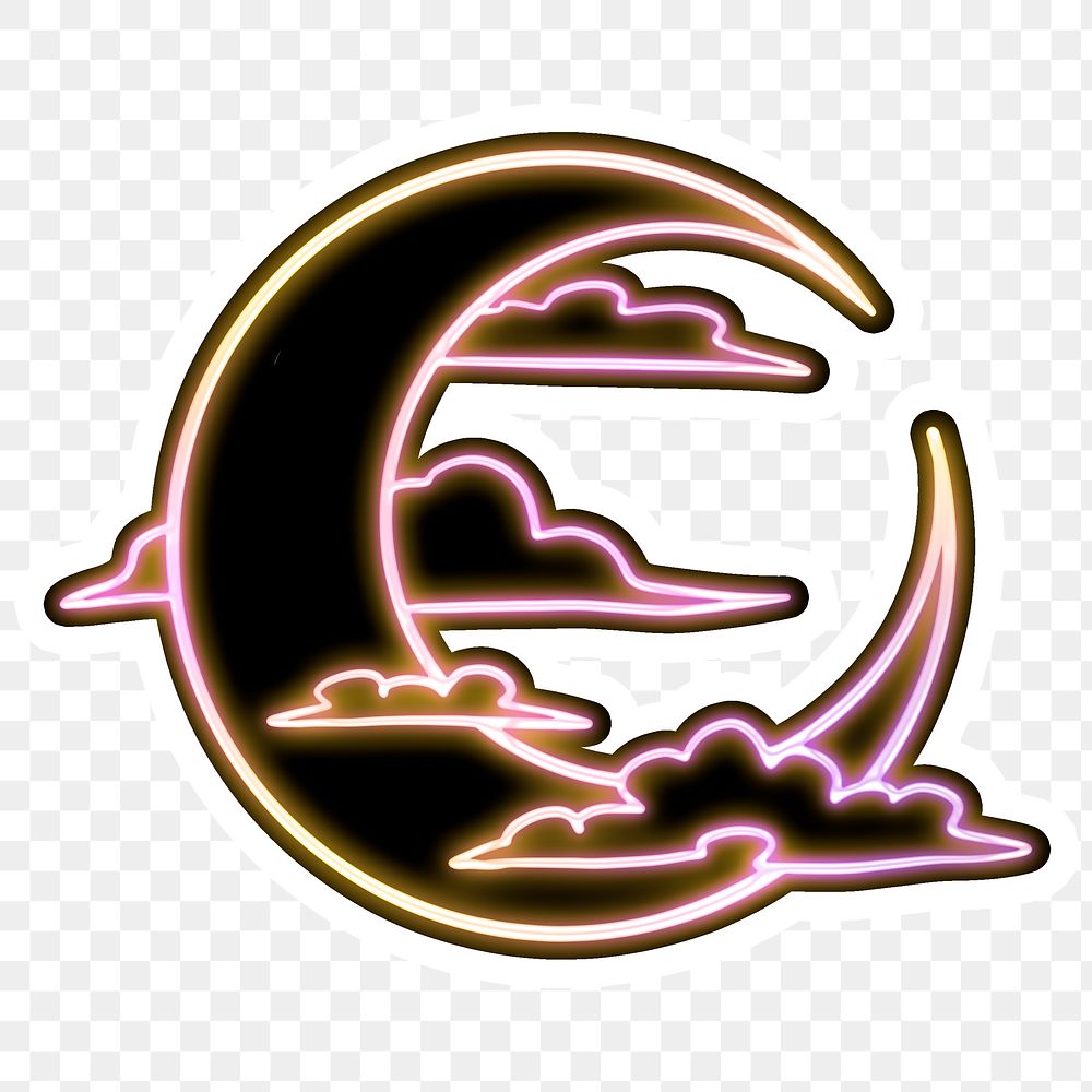 Neon crescent moon surrounded by clouds sticker overlay with a white border 