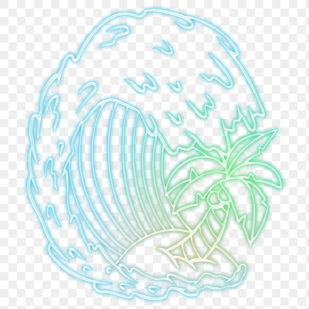 Neon ocean waves with coconut tree sticker design element