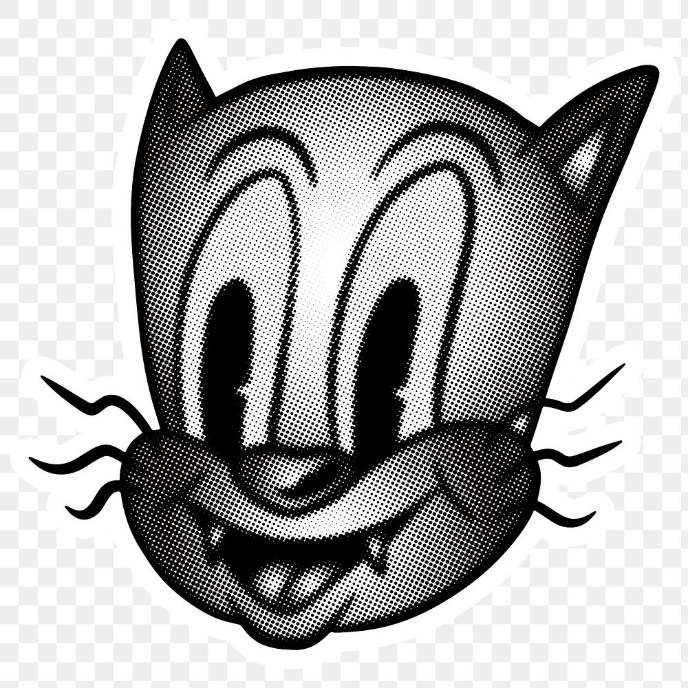 Black and white cartoon cat sticker  with a white border