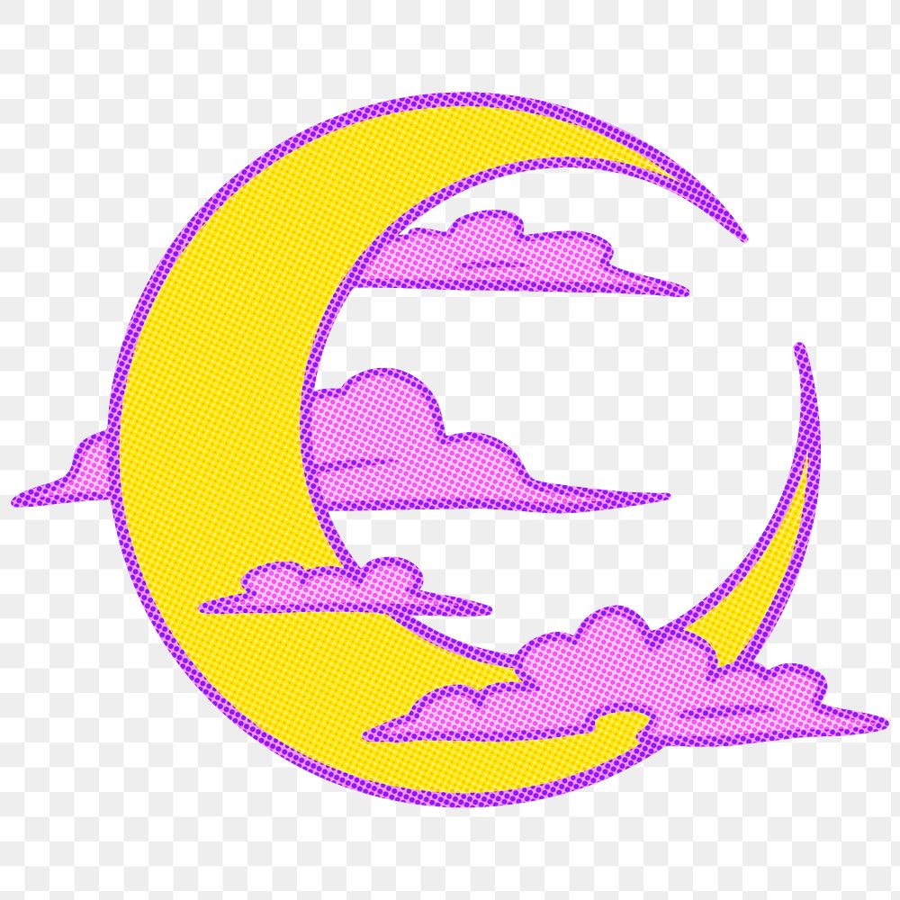 Crescent moon with clouds sticker design element