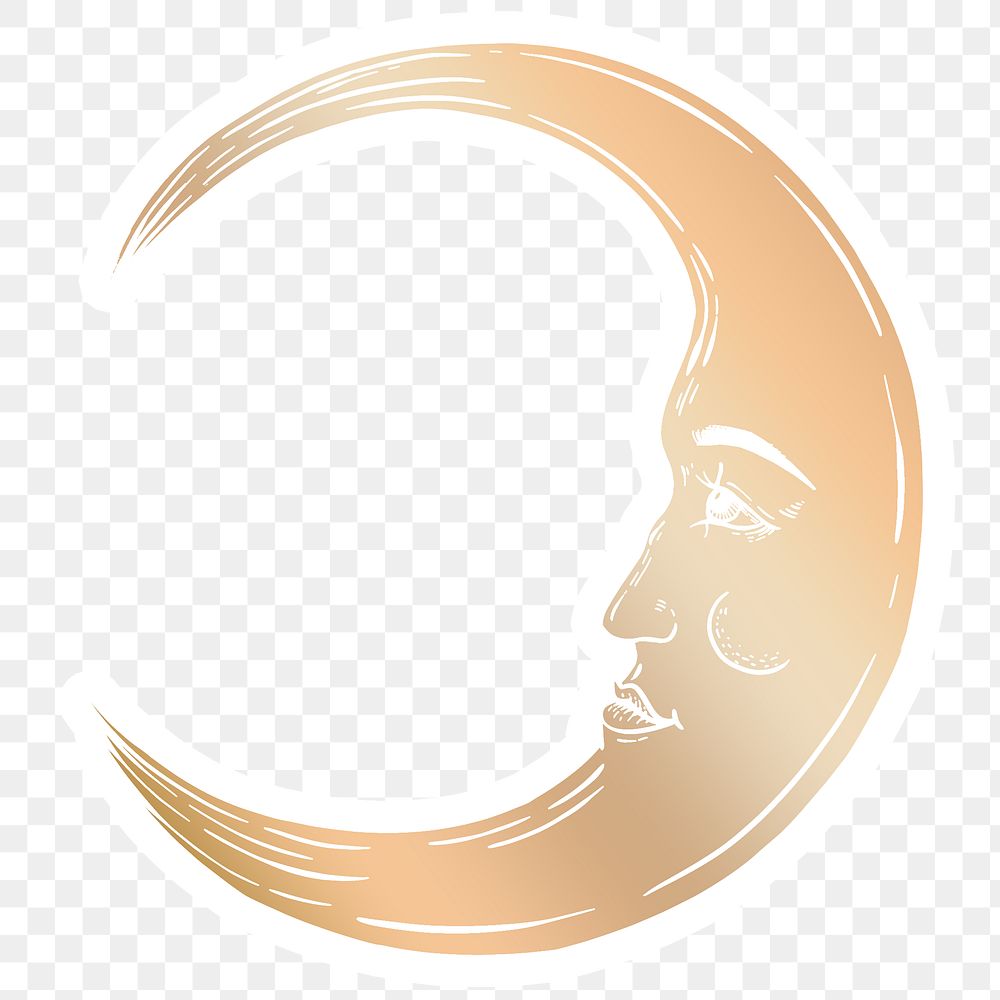 Golden crescent moon face sticker overlay with a white border design element