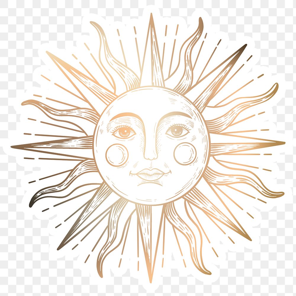 Golden sun with a face sticker overlay with a white border design element