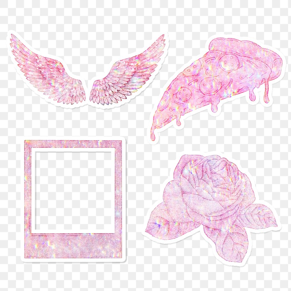 Cute pink holographic sticker set design elements 