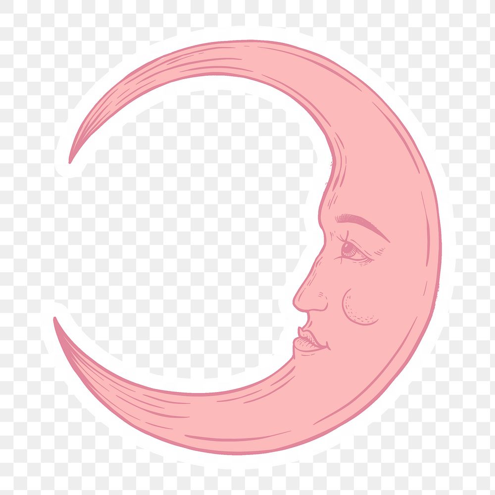 Pink crescent moon face sticker overlay with a white border design element