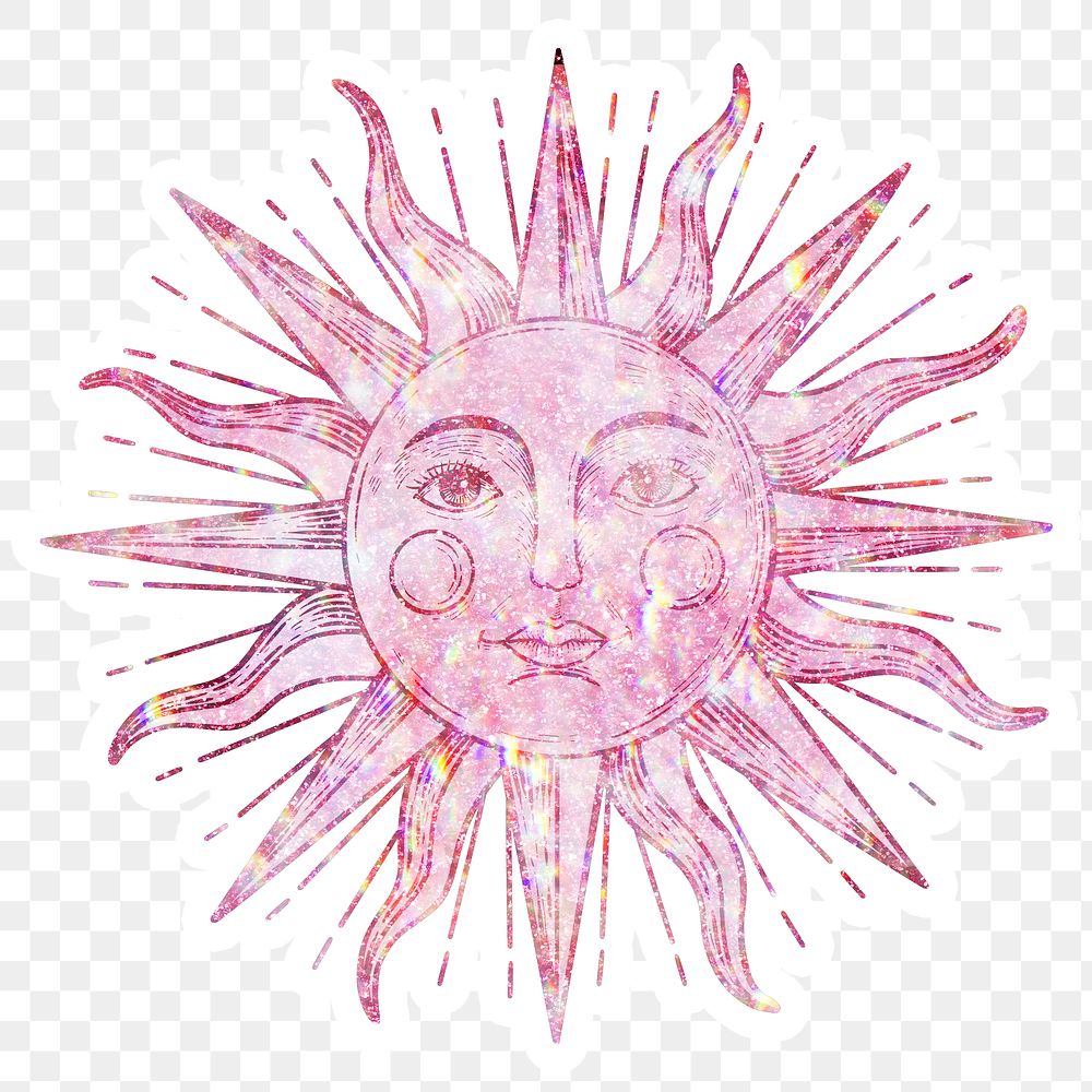 Pink holographic sun with a a face sticker overlay with a white border