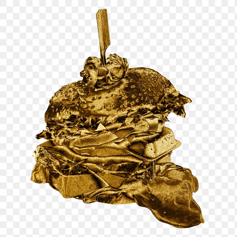 Gold burger filled with trash pollution sticker