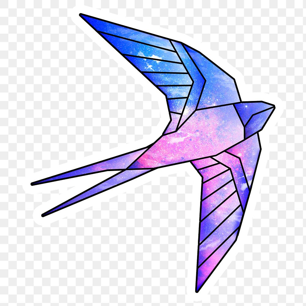 Purple galaxy patterned geometrical shaped flying bird sticker design element