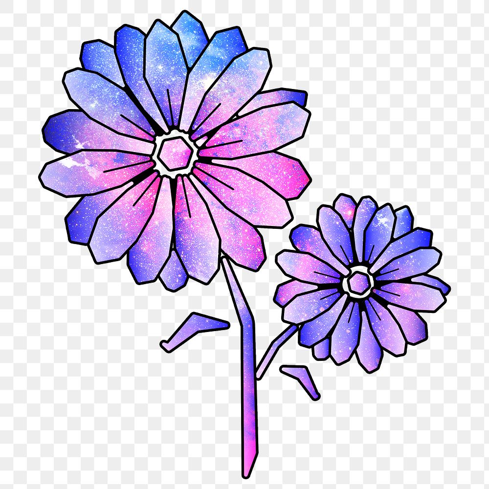 Purple galaxy patterned geometrical shaped daisy flower sticker design element