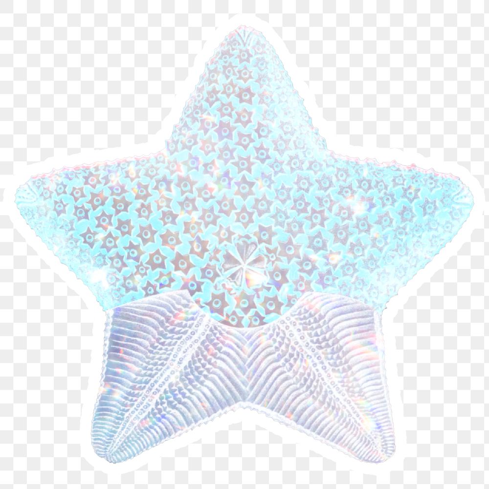 Blue holographic starfish sticker with a white border
