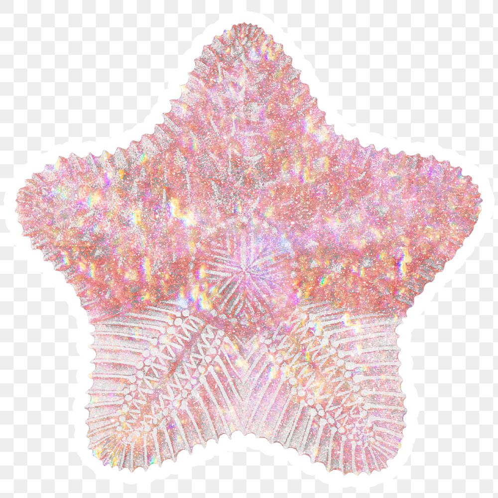Pink holographic starfish sticker with a white border
