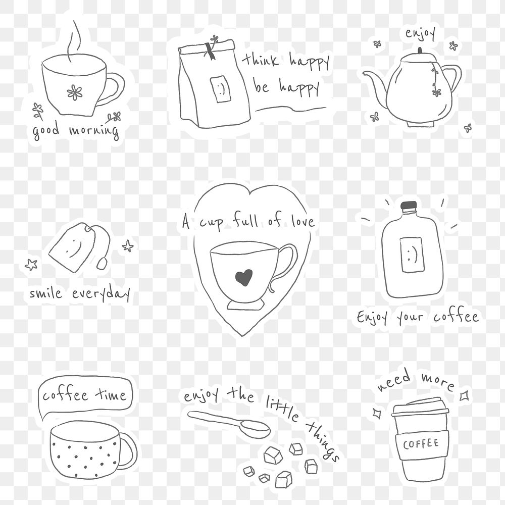 Coffee doodle sticker design element set