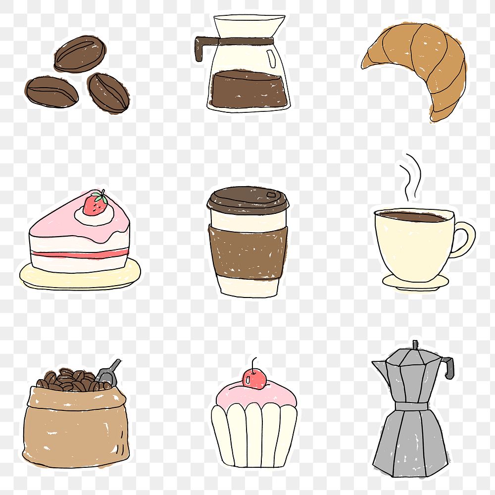Coffee doodle sticker design element set