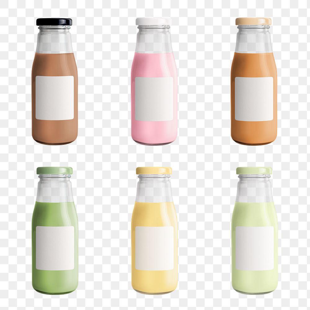 Milk tea in glass bottles with label mockups set 