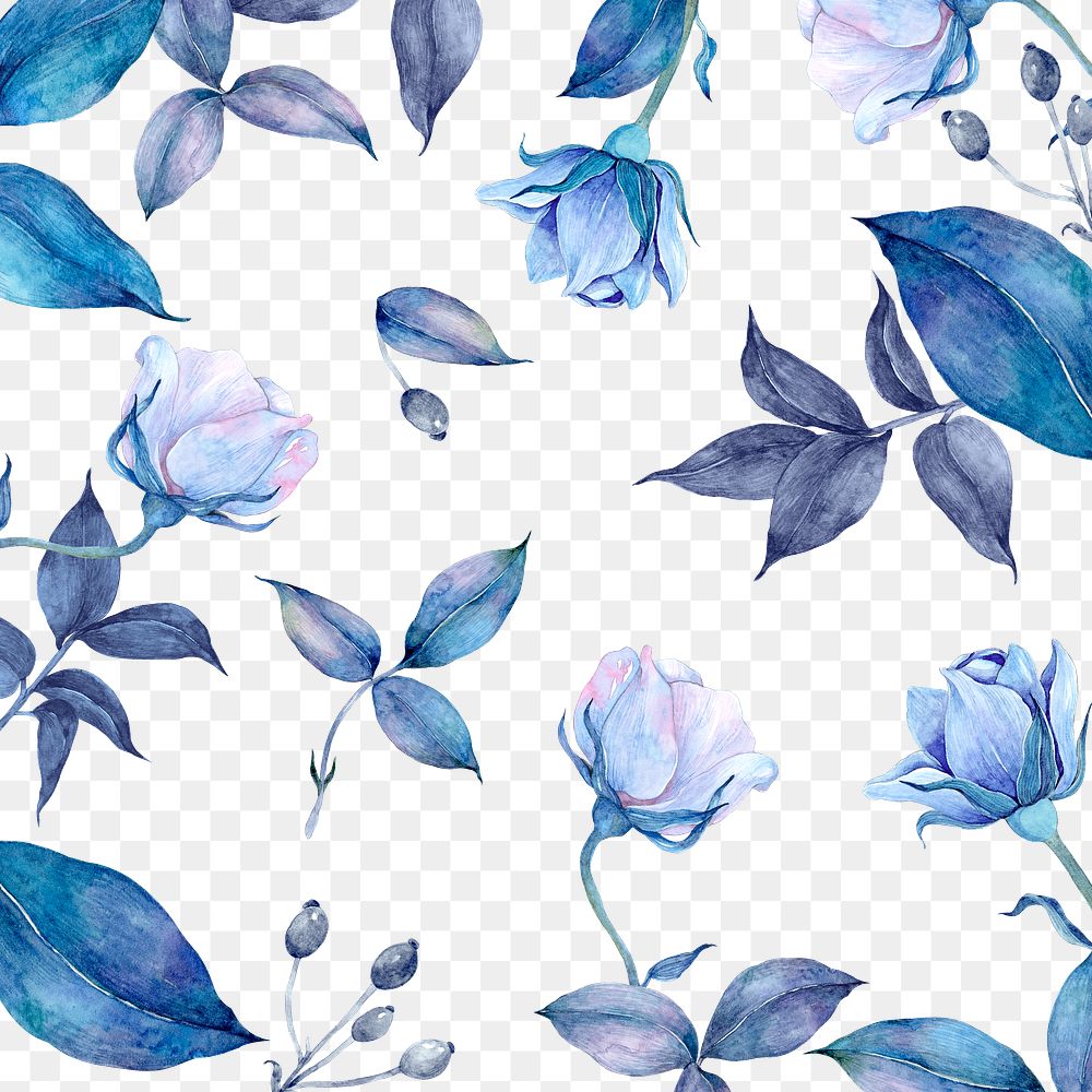 Blue watercolor rose png patterned background