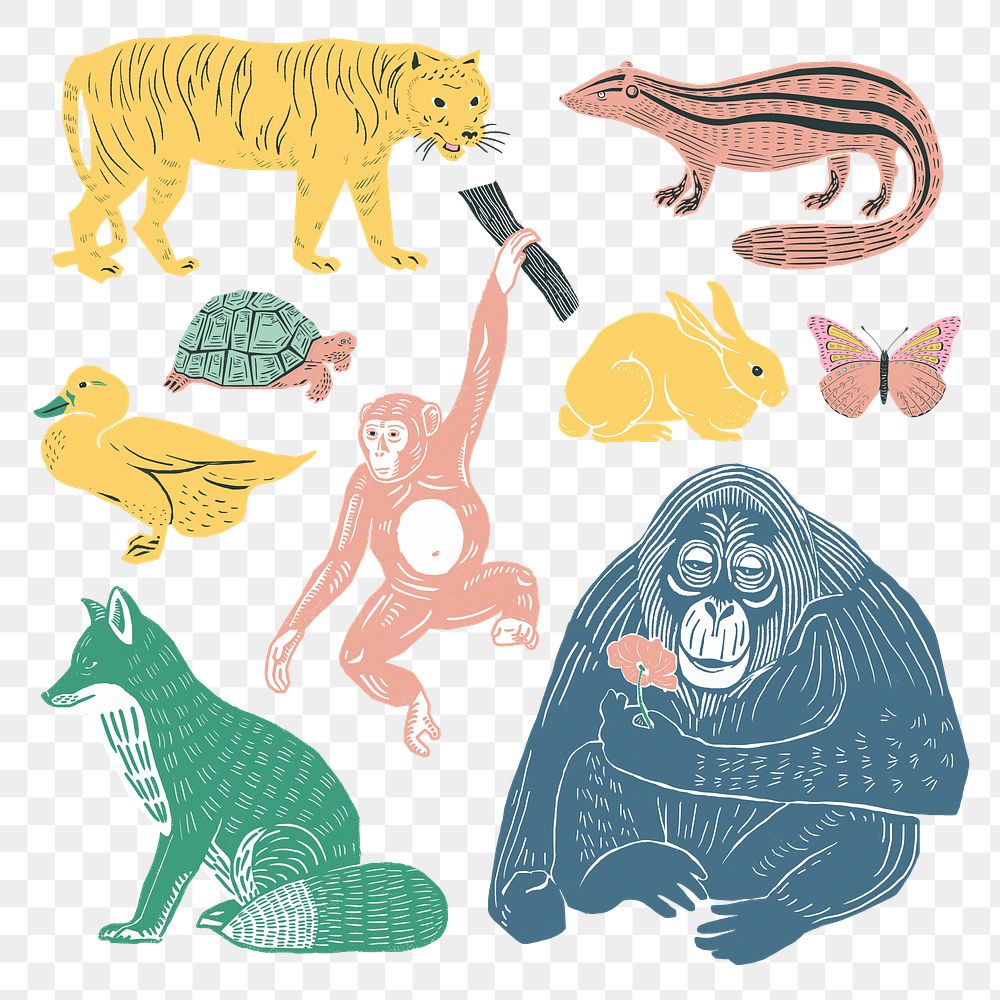 Vintage animal stickers png linocut Premium PNG rawpixel