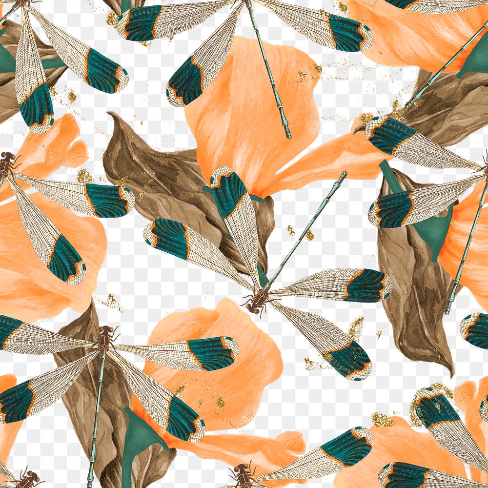 Seamless dragonfly png leaf pattern, vintage remix from The Naturalist's Miscellany by George Shaw