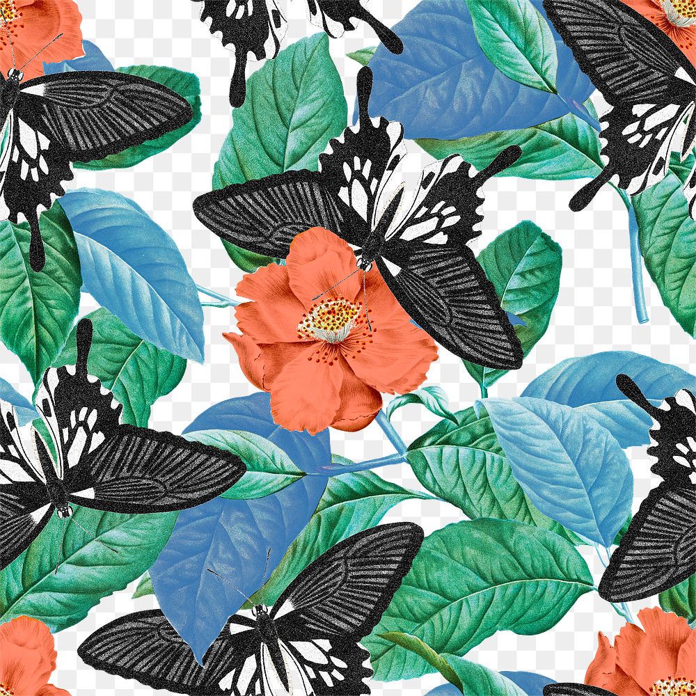 Seamless butterfly floral png pattern, vintage remix from The Naturalist's Miscellany by George Shaw