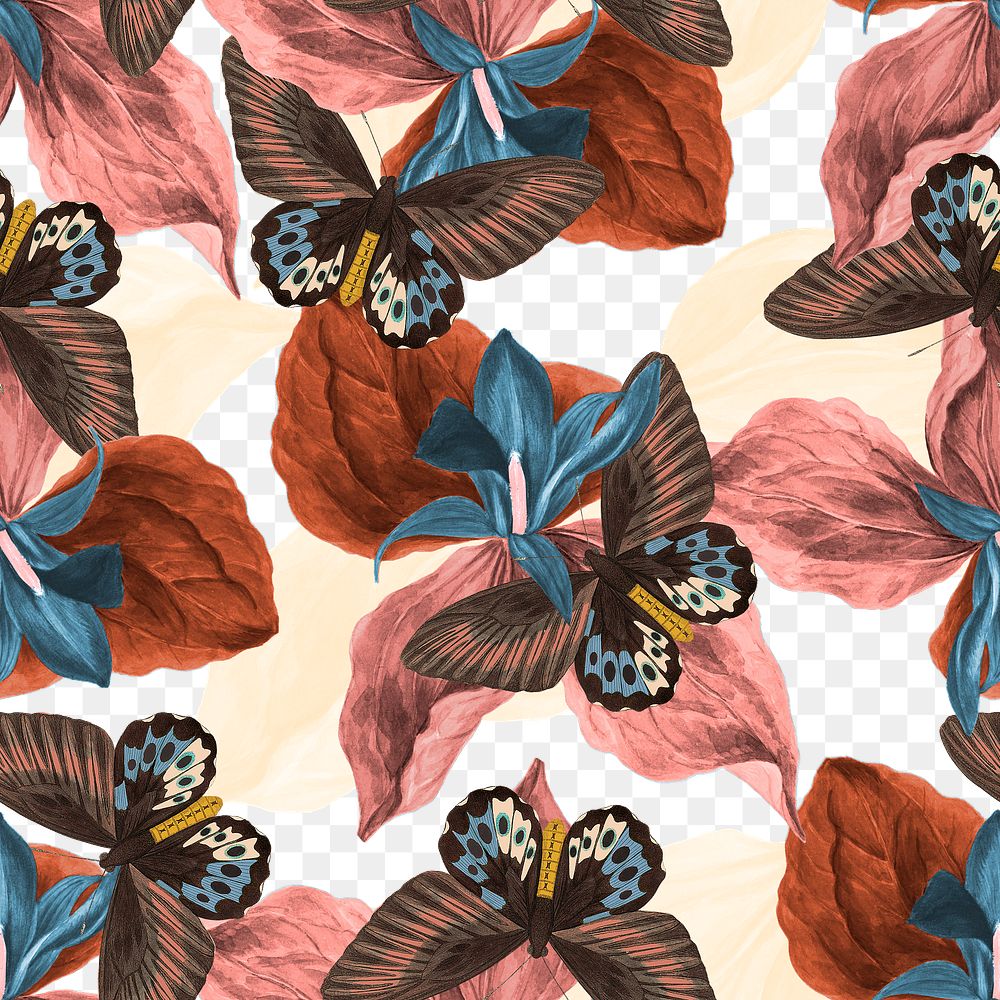 Seamless butterfly floral png pattern, vintage remix from The Naturalist's Miscellany by George Shaw
