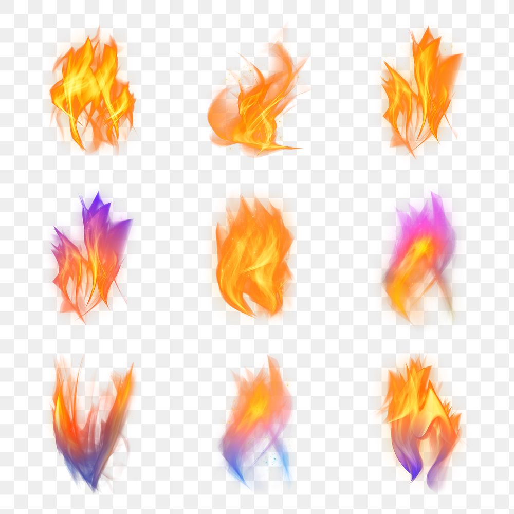 Png burning fire flame transparent graphic element set