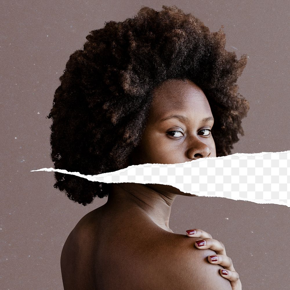 Artsy portrait png closeup of African woman on ripped paper background