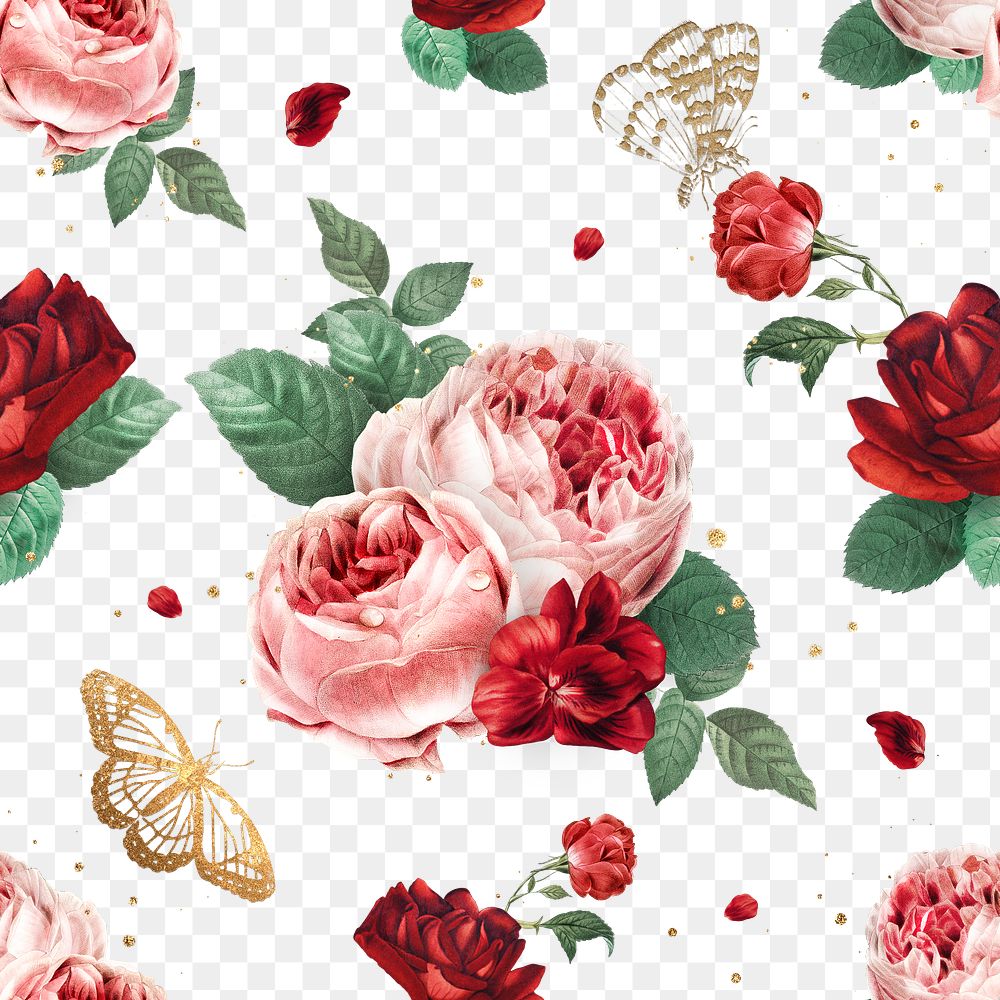 Red peony flowers png watercolor pattern