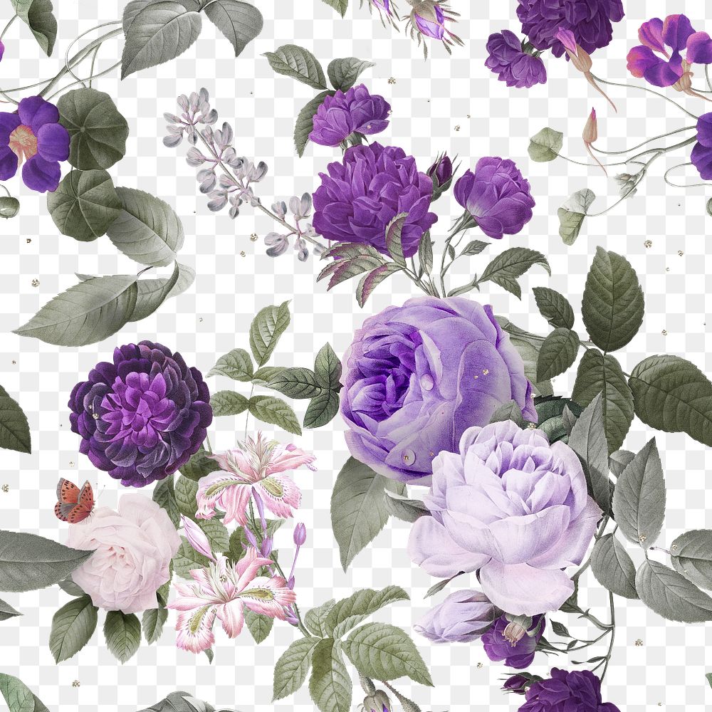 Vintage purple peony png flowers pattern hand drawn illustration