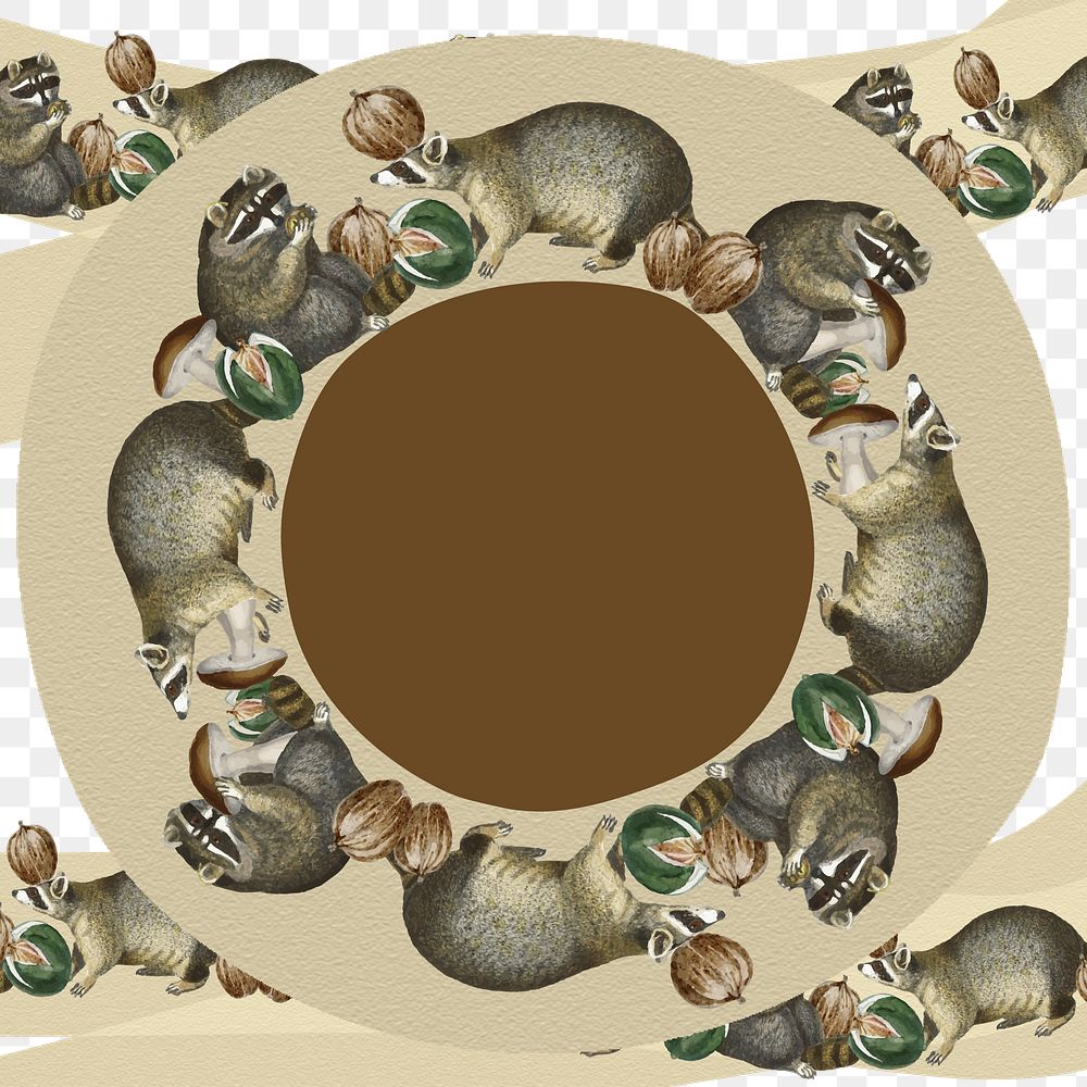 Raccoon pattern png circle frame eating nuts in a nest transparent background