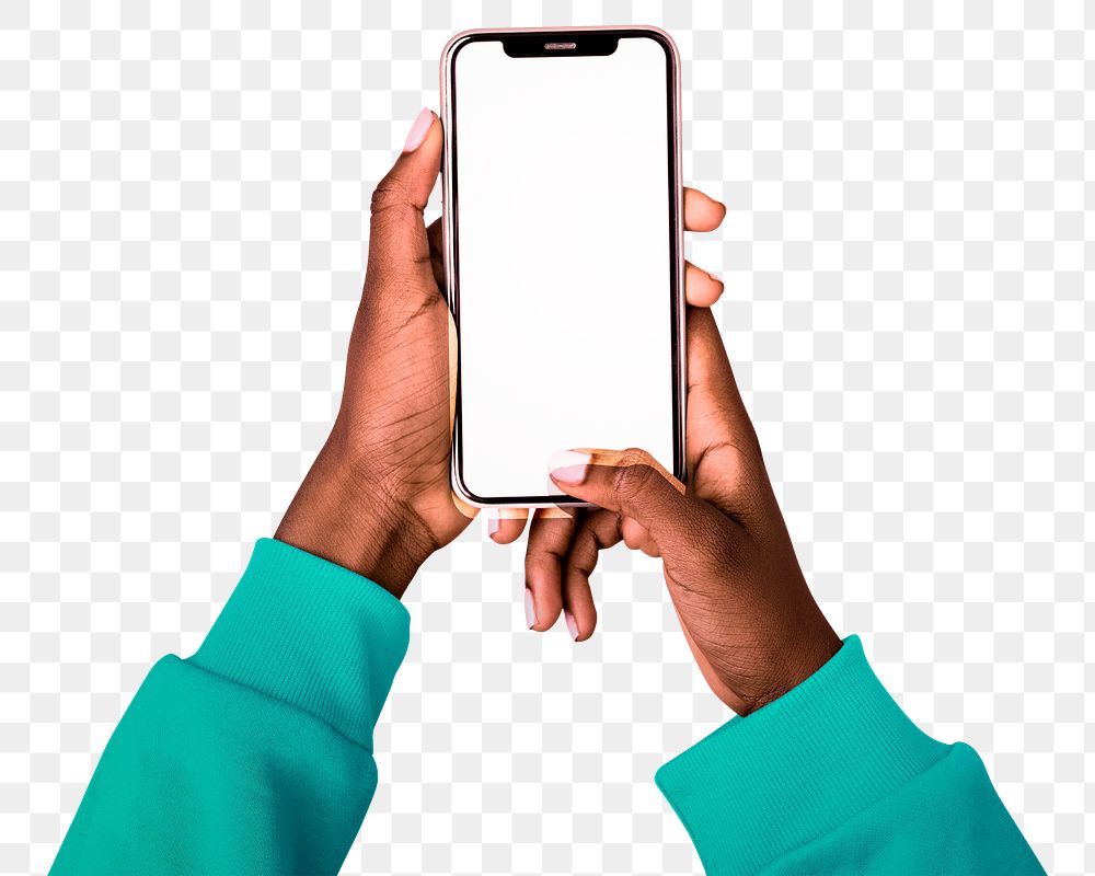 Empty glowing screen png with person holding mobile phone